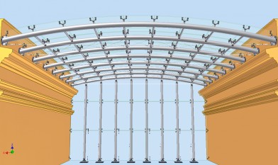 Progetto di facciata appesa e copertura curva con sistema a crociere e rotule. Struttura inox AISI 316