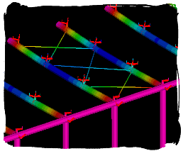 Modello di calcolo di strttura reticolare in acciaio inox, con sopra fissate crociere e rotule per facciata appesa (a fissaggio puntuale). Glass Engineering, Ingegneria del Vetro
