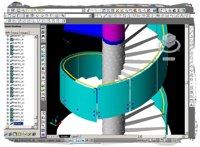 Modello CAD di scala elicoidale, con ringhiera in acciaio inox e vetro curvo stratificato di sicurezza