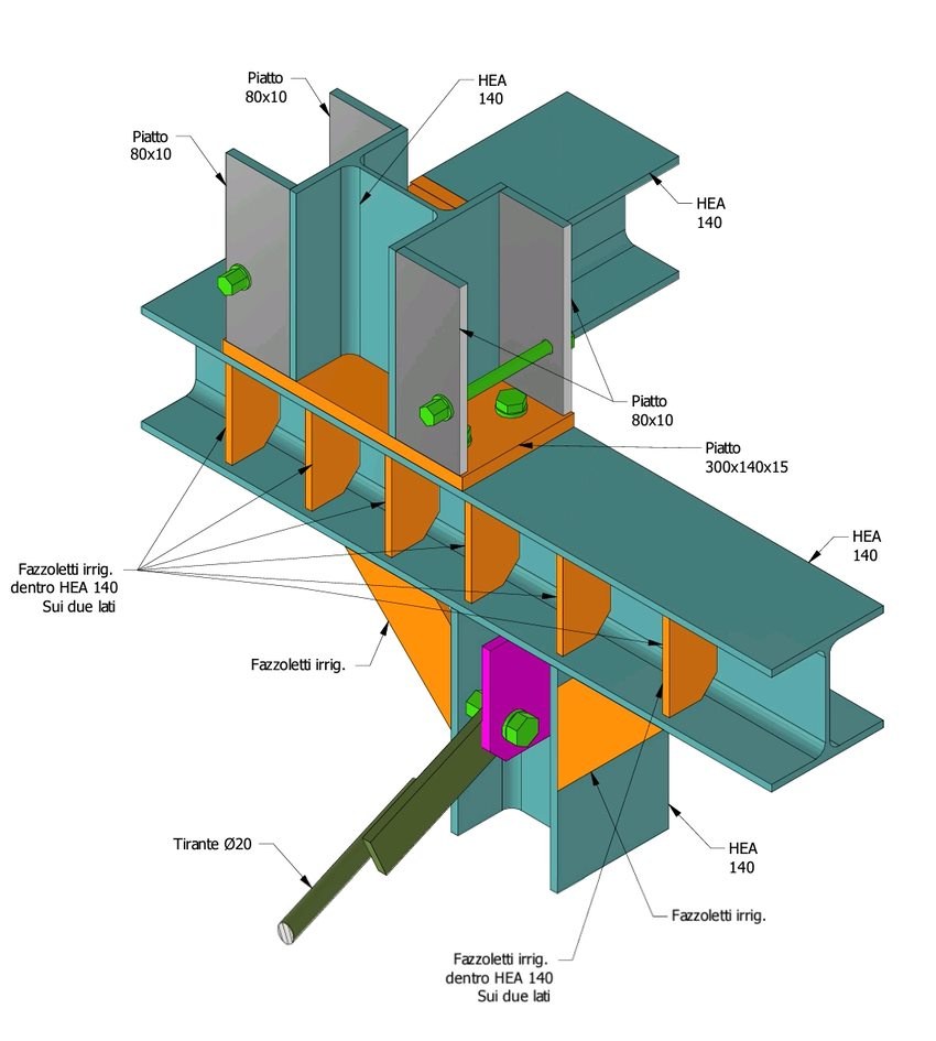 BIM detail of a joint between HEA 140 profiles with internal stiffening gussets and a connecting plate, Aeffe S.p.A. project