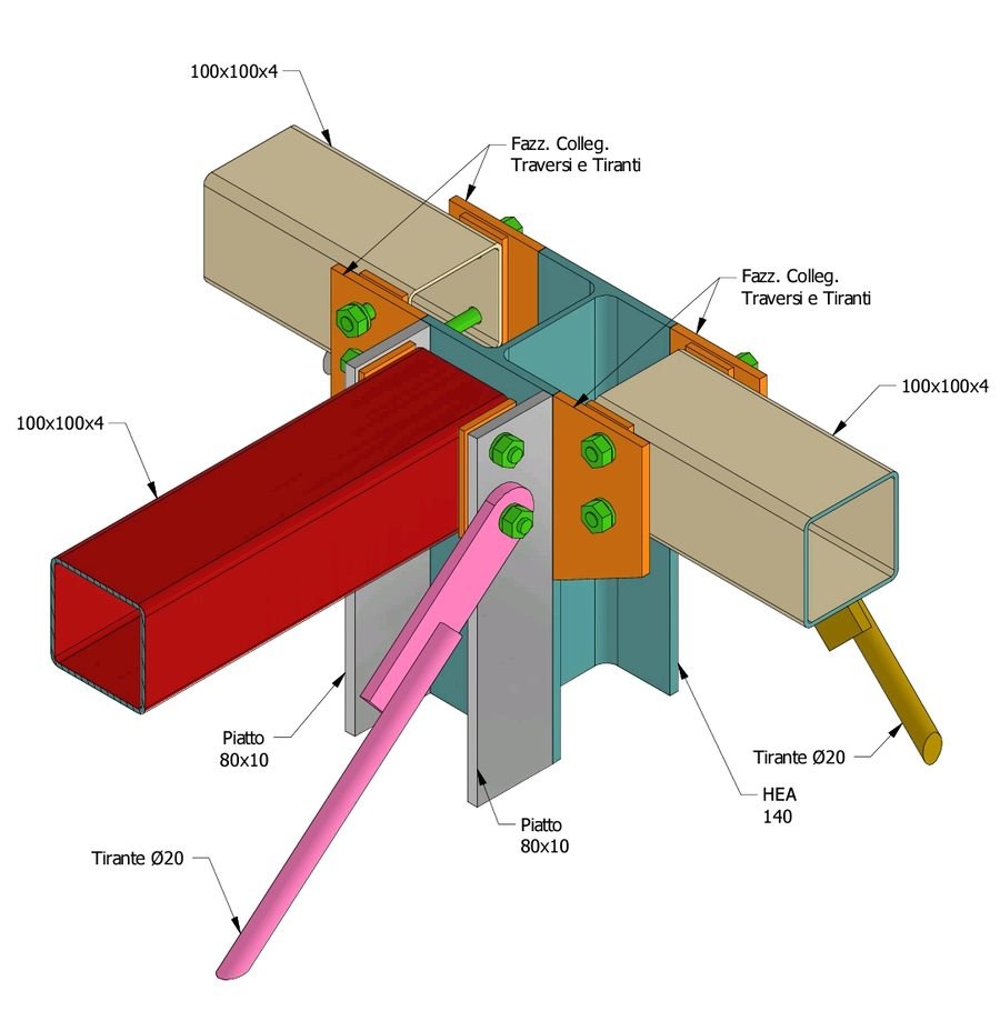 BIM detail of a beam-to-beam joint with 100x100x4 tubular sections, 80x10 plates and Ø20 tie rods, Aeffe S.p.A. project