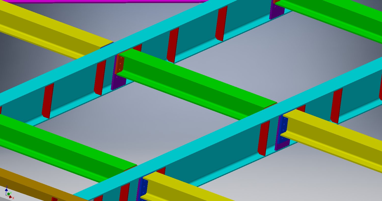 Detail of the BIM model of the steel floor deck at the Aeffe S.p.A. offices, IPE and HEB beams colour-coded by element with fixing holes