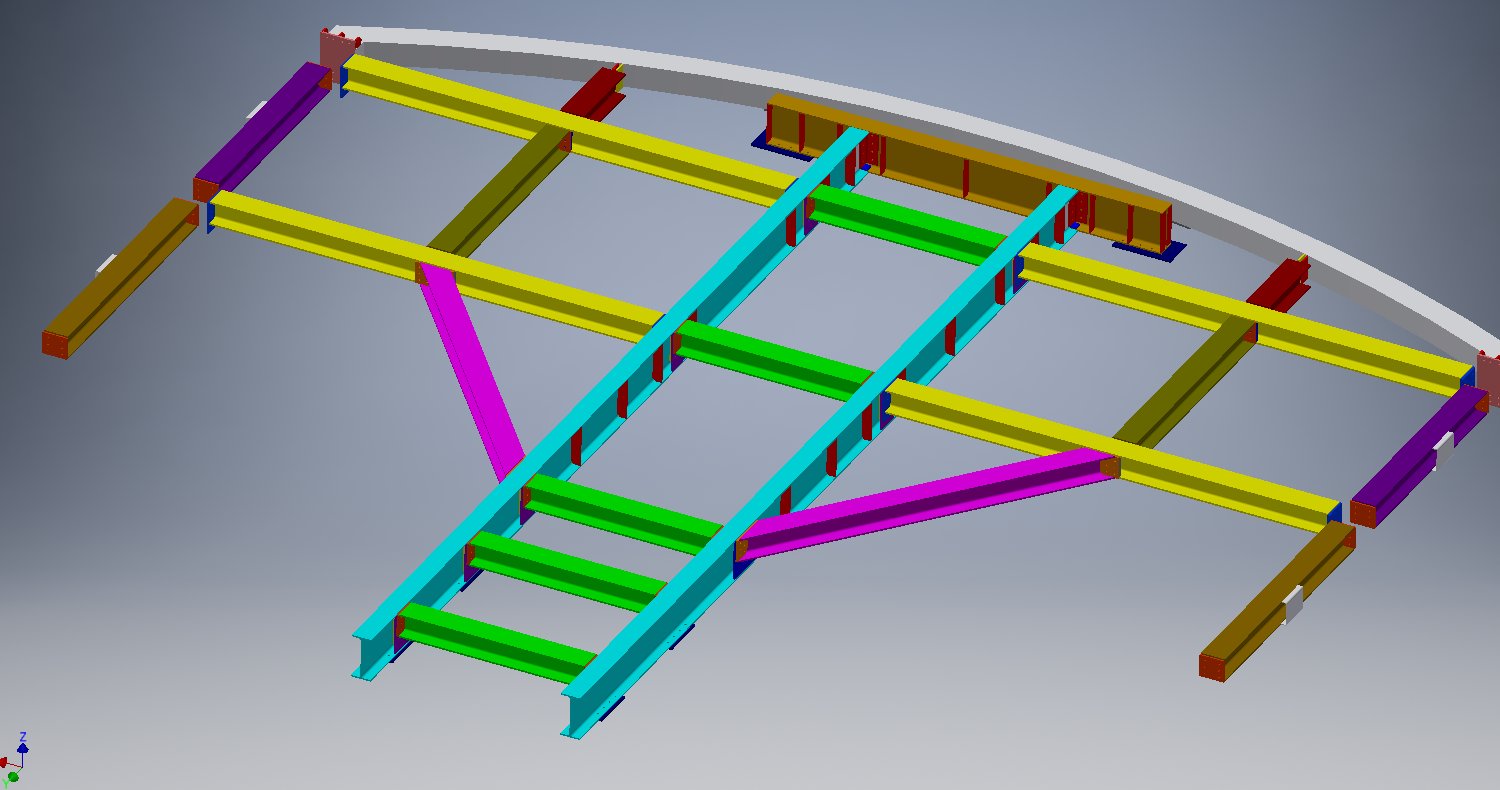 Top-down view of the BIM model of the curved floor deck at the Aeffe S.p.A. offices, with radial beams and a perimeter steelwork edge