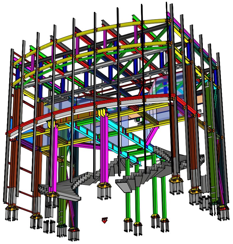 BIM model of the steel frame at the Aeffe S.p.A. offices, axonometric view from below with lattice beams and bracing colour-coded by type