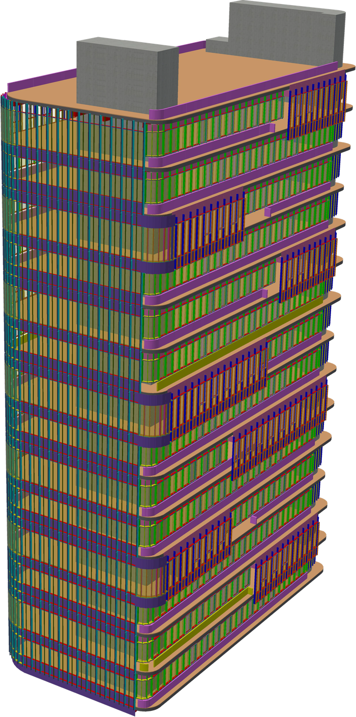 BIM model of a 16-storey tower building, with structure, envelope and balconies modelled floor by floor