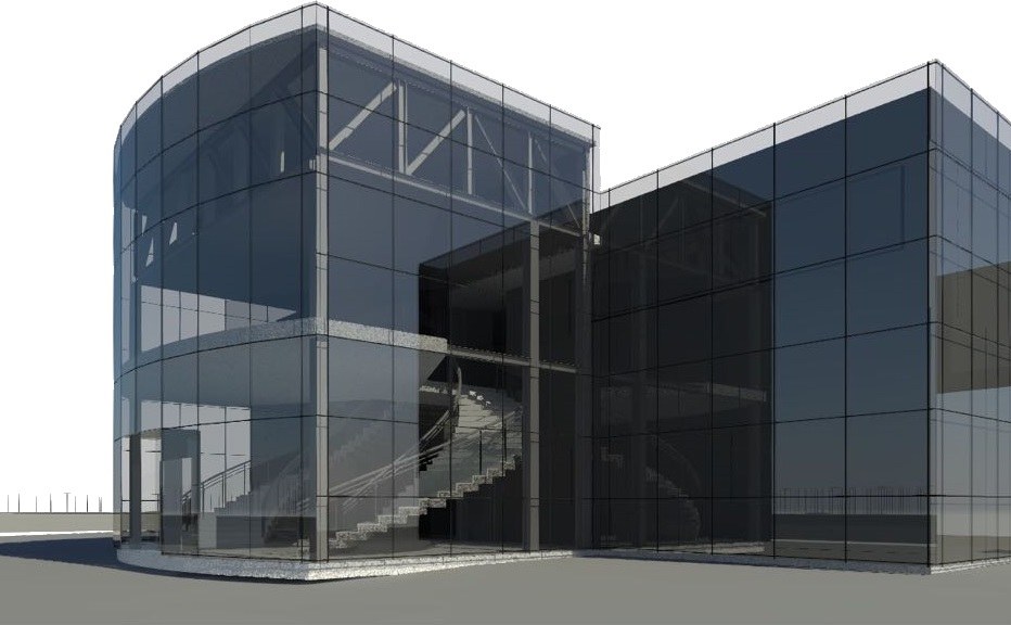 BIM model rendering of a glazed curtain wall building, with an exposed spiral staircase inside and steel bracing on the curved front