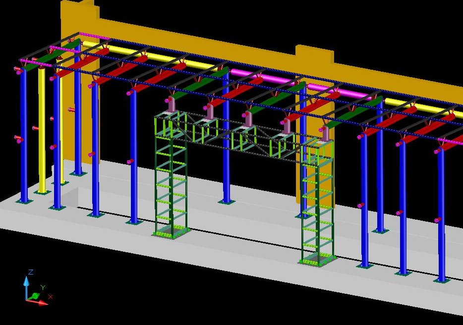 BIM model of the steel portal frame at the La Perla entrance, axonometric view with uprights, beams and service staircases at height
