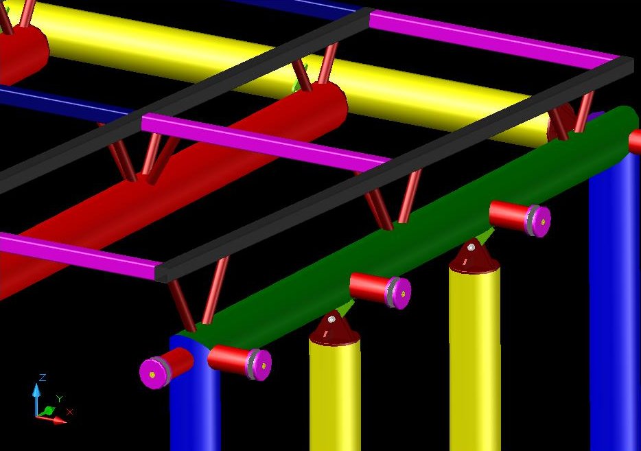 Detail of the BIM model of the joint between the lattice beam and the portal frame uprights, with bracing colour-coded by element, La Perla entrance