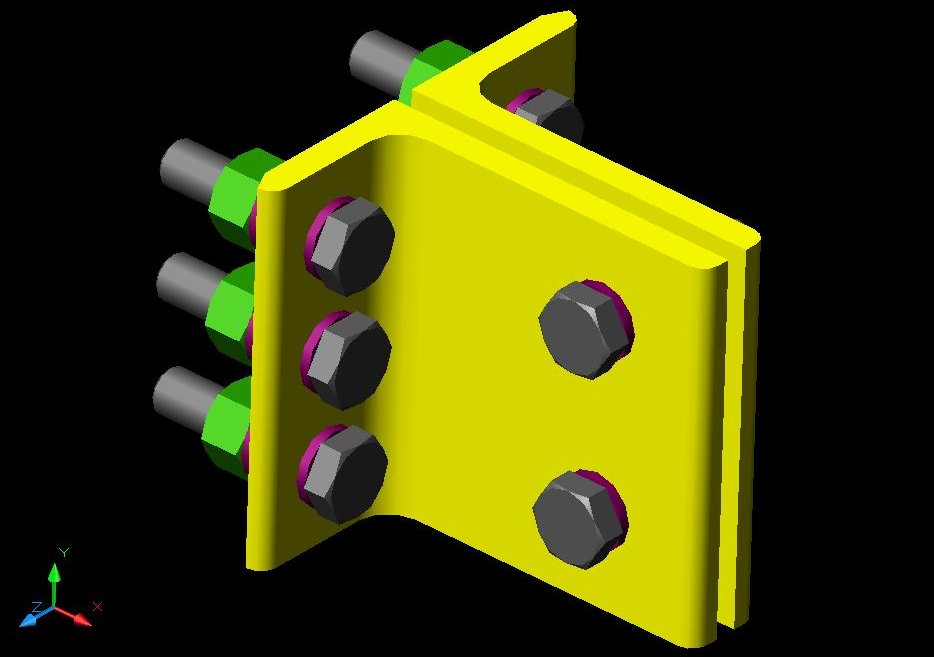 BIM detail of a bolted joint between a plate and an L-profile, eight bolts arranged in two rows, Lodi steel structure