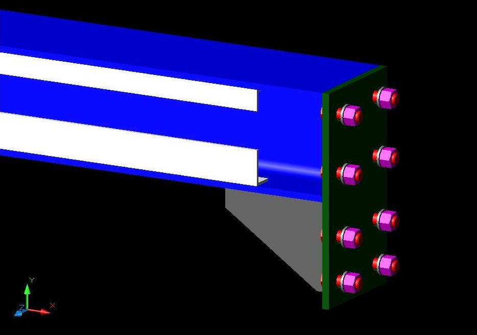BIM detail of a box beam with transverse stiffening ribs and a bolted end plate, Lodi steel structure