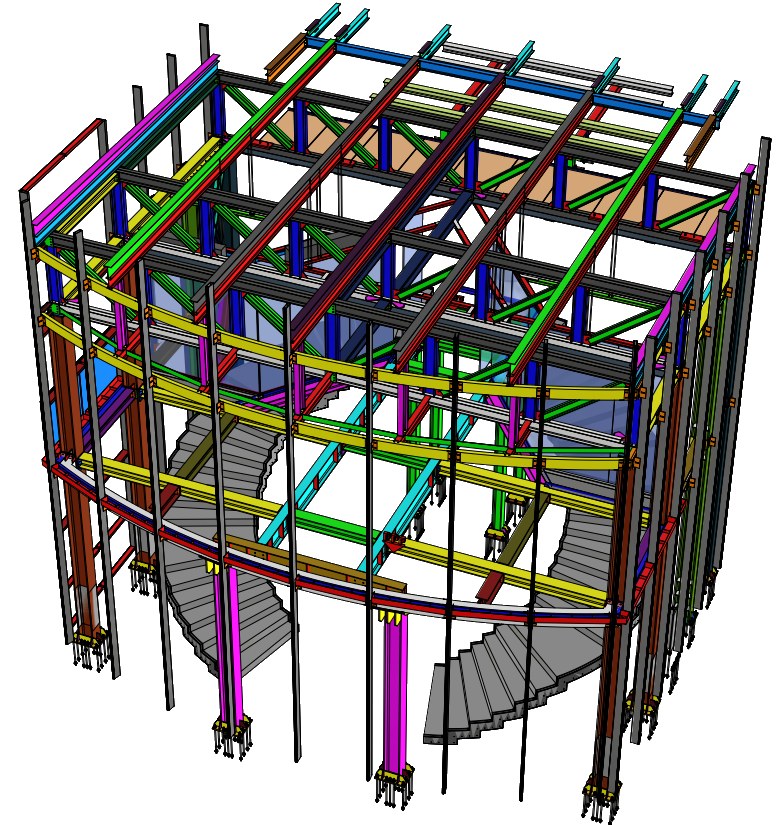 Modello BIM della struttura in acciaio degli uffici Aeffe S.p.A., con scala elicoidale interna