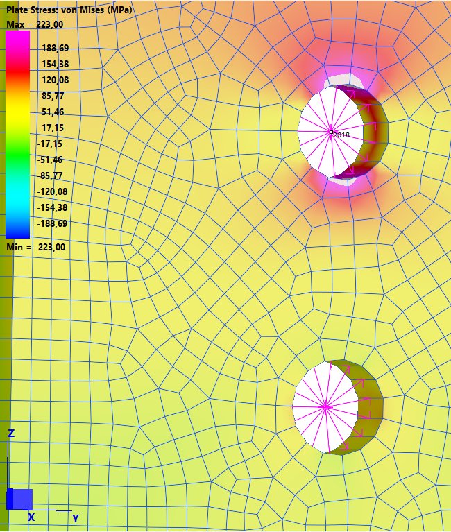 Von Mises stress map around point-fixing holes on a glass panel, Vetroprogetti FEM analysis