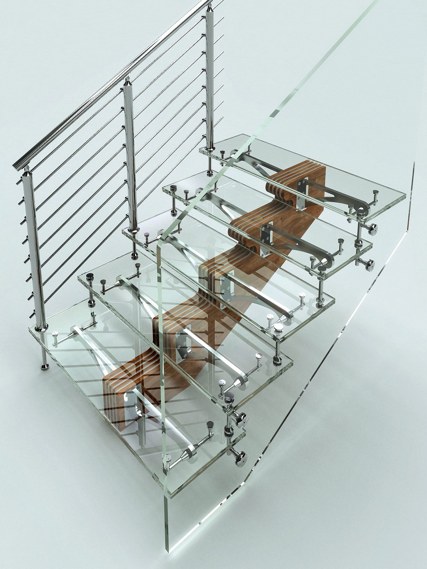Render di concept di una scala in vetro, legno e acciaio inox con parapetto a cavi, progetto Vetroprogetti