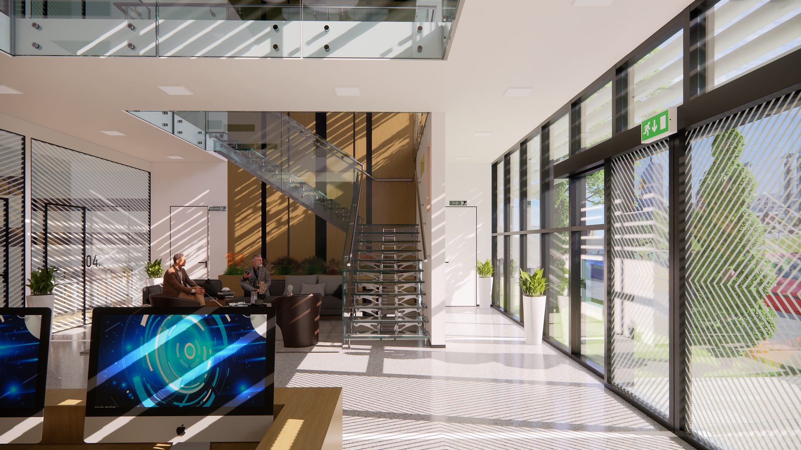 Render fotorealistico di una scala in vetro e acciaio nella hall di ingresso di un edificio per uffici